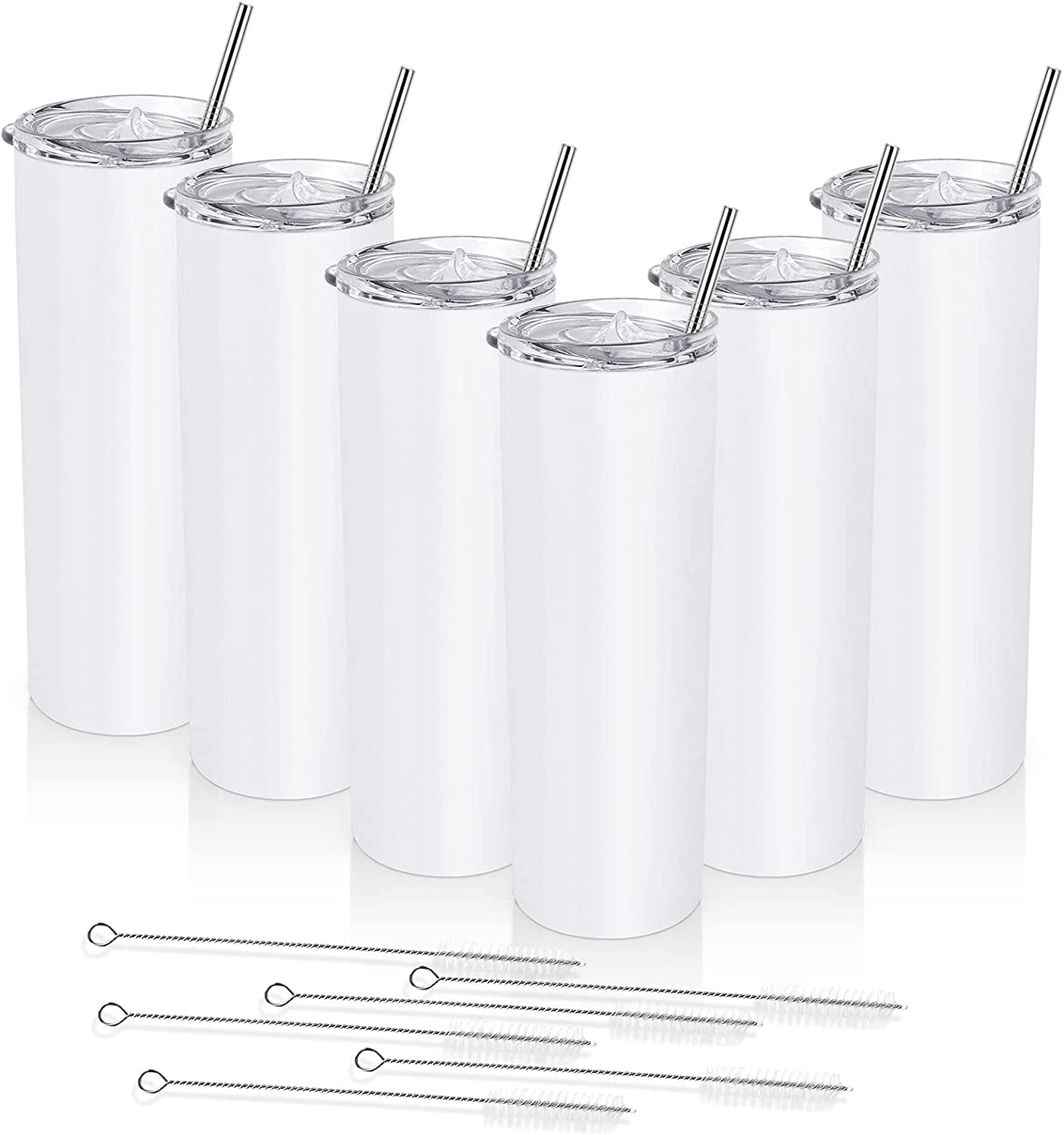 6 Pack Skinny Travel Tumblers, Stainless Steel Skinny Tumblers with Lid and Straw, Double Wall Insulated Tumblers, 20 Oz Slim Water Tumbler Cup, Vacuum Tumbler Travel Mug for Coffee Water Tea, White